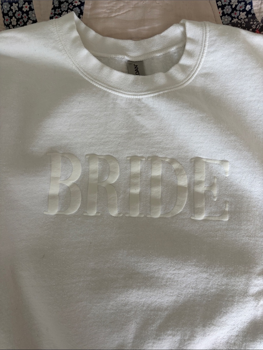 Gildan White Crewneck Sweatshirt with BRIDE Embossed Detail